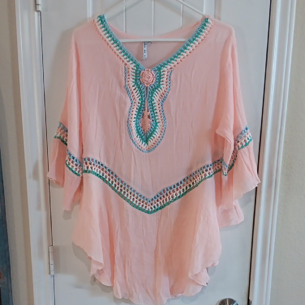 Chic Peach Tunic Multi Hue Crochet Embroidery Accents Gauzy Synth Blend